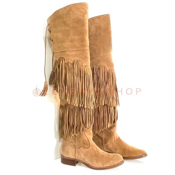 Bohemian | Sam Edelman Over-the-Knee Fringe Boots | Camel Tan Suede Western Tall - Picture 4 of 15